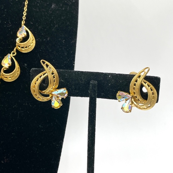 Vintage Germany Signed Gold Tone AB Rhinestone Necklace Clip-on Earring Set - Picture 13 of 13